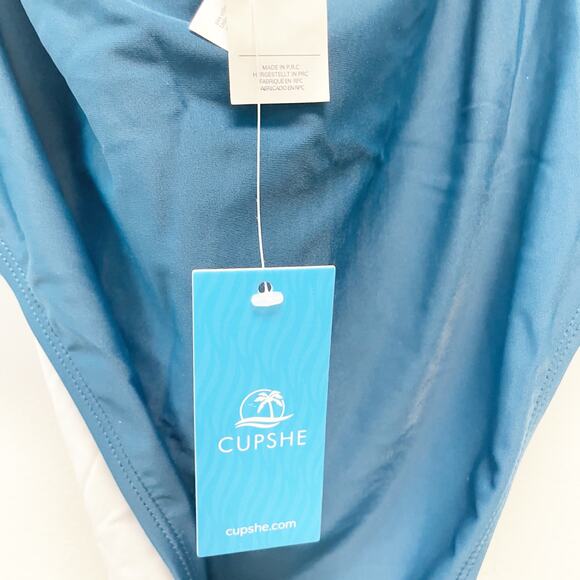 Cupshe Women's Ruched Halter Tummy Control Blue One Piece Swimsuit Teal Large - Picture 5 of 7